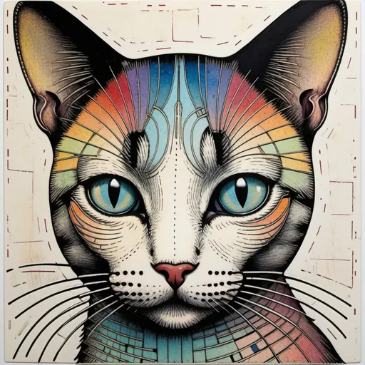 Prompt: Lithography print, intricate fine lines, gradient crossed colors, a whimsical beautiful cat, piercing odd colored eyes, Javier Mariscal, Charles Rennie Mackintosh and Marc Johns style, encaustic texture.