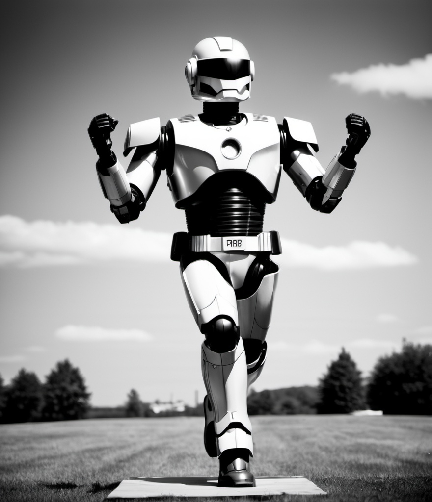 Prompt: doing jumping jack, robocop ferrotype monochrome photo 