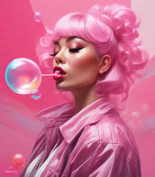 Prompt: a woman blowing a pink bubblegum bubble with a pink and white hair, and a pink background, Artgerm, aestheticism, trending on artstation hq, a photorealistic painting