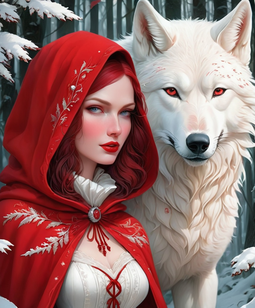 Prompt: The beautiful Red Riding Hood is in love with the Big white Winter wolf, detailed, fern leaves, Snow, by artgerm, tom bagshaw, Megan duncanson, James Jean, shaun tan, madoka magica, by kay nielsen, embossing fairy tale, whimsical, trending on artstation. Super clear resolution, elegant beautiful, lovely, best quality, beautifully lit, vray tracing