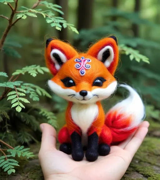 Prompt: a needle felted nine-tail fox, Asian themed, cute and bright forest, vibrant colors