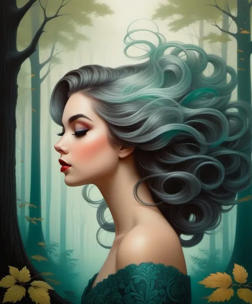 Prompt: The beautiful young lady with blowing hair illustration art by Delphin Enjolras, Amy Earles, Tristan Eaton. Whimsical forest background, Extremely detailed, intricate, beautiful. 
