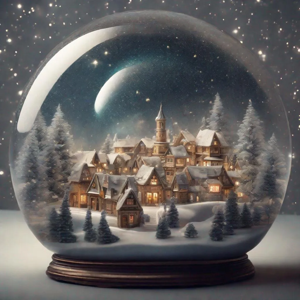 Prompt: a magical ornate and intricate ancient snow globe village scene with asterism above the village like a trapped milky way