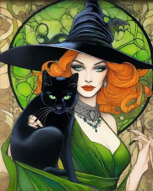 Prompt: A mesmerizing witch with pretty face and beautiful green eyes and her black cat art by Saturno Butto, Leon Bakst, Marc Allante, Charles Robinson, pol Ledent. inlay, watercolors and ink, beautiful, fantastic view, extremely detailed, intricate, best quality, highest definition, rich colours. intricate beautiful, award winning fantastic view ultra detailed, 3D high definition