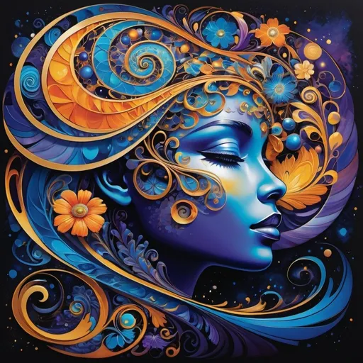 Prompt: A vibrant, abstract portrait blending human features with cosmic and floral elements. Swirls of blue, purple, orange, and gold come together to form a side profile of a face. The image exudes a psychedelic, dream-like quality with intricate patterns reminiscent of art nouveau intertwined with celestial motifs on a dark, textured background.