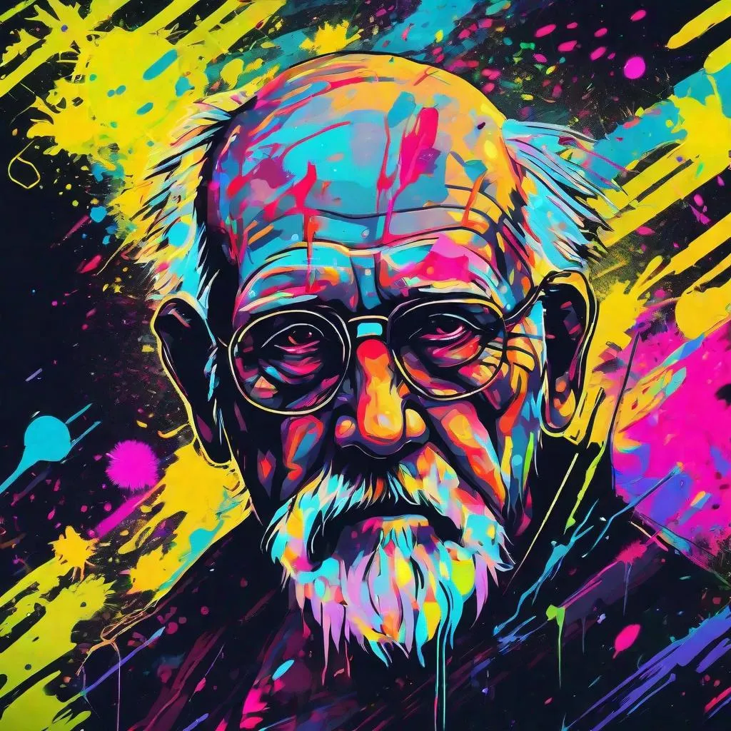 Prompt: abstract paint, neon splatter, old man, cyberpunk