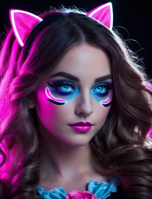 Prompt: Alice in Wonderland, blue neon eyes, neon pink, black background, creative, expressive, unique, high-quality, Canon EOS 5D Mark IV DSLR, 185mm lens f/8 aperture, 1/125 second shutter speed, ISO 100, Adobe Photoshop