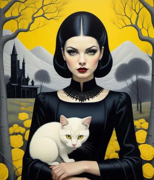 Prompt: Vladimir Tretchikoff, Jessica Galbreth, Ruben Ireland, Paolo Uccello, Ghostly beautiful eccentric girl, rockabilly fashion hair style, wearing a strange asymmetrical black dress with white random stitches, holding a creepy cute yellow cat, a encaustic gothic dreamy landscape background by Sam Chivers, piercing odd colored eyes