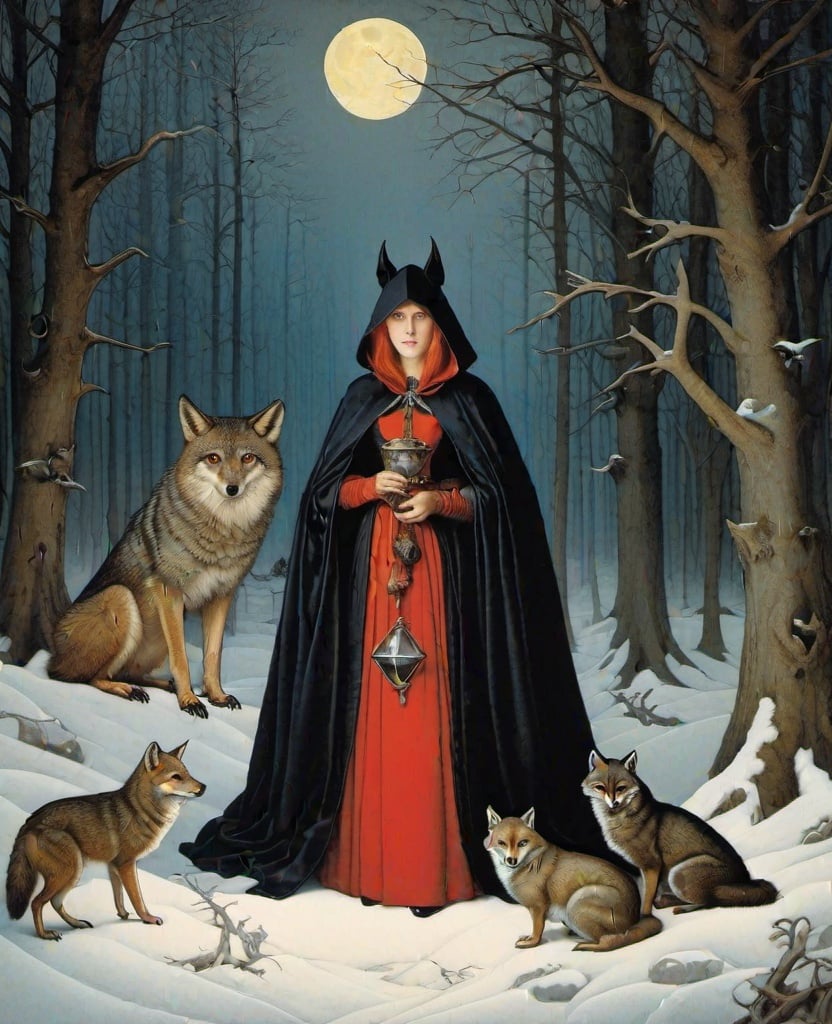 Prompt: Marianne Stokes, Mark Seliger, Virginia Frances Sterrett, Gustav Dore, Albrecht Durer: On a winter's night, a beautiful sorcerer goes out to the wilderness to commune with the spirits of death and decay, bats, horned owls, wolves and ghosts, Mysterious