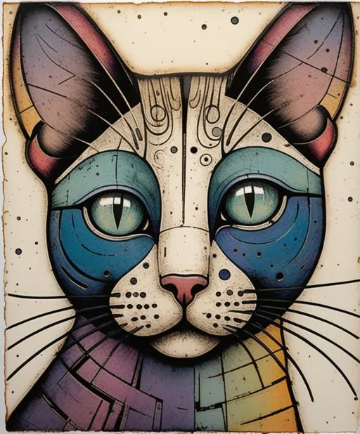 Prompt: Lithography print, fine lines, gradient colors, a whimsical cat, piercing odd colored eyes, Javier Mariscal and Charles Rennie Mackintosh style, encaustic texture.