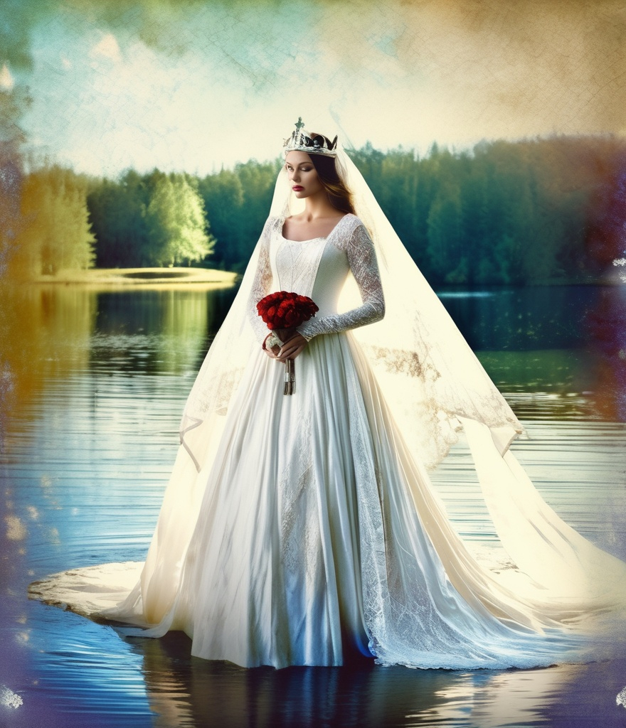 Prompt: lady of the lake ,long white medieval grunge gown, veil, old picture effect, craquelure, tempera 