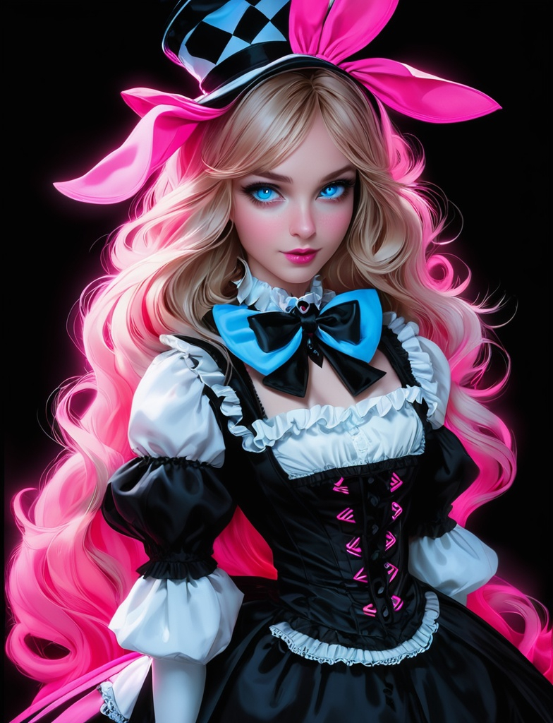 Prompt: Alice in Wonderland, blue neon eyes, neon pink, black background, creative, expressive, unique, high-quality, Canon EOS 5D Mark IV DSLR, 185mm lens f/8 aperture, 1/125 second shutter speed, ISO 100, Adobe Photoshop