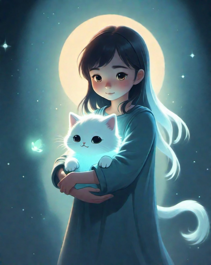 Prompt: small ghost cat being carried by a girl, cute cartoon, minimalist, will-o'-the-wisp glow 