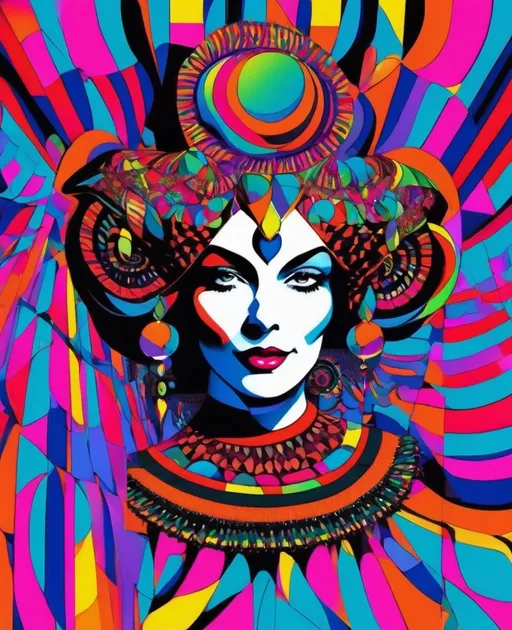 Prompt: The psychedelic pop art Jester Queen of the Void, optical illusions 