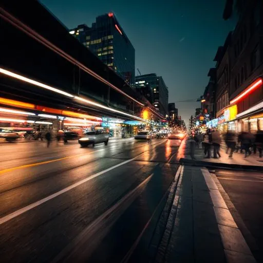 Prompt: first-person, night, Time-lapse motion blur, crowded street between a city, in the style of underexposure, light amber and red, long exposure, patrick brown, soft-focus, traditional, colorized 