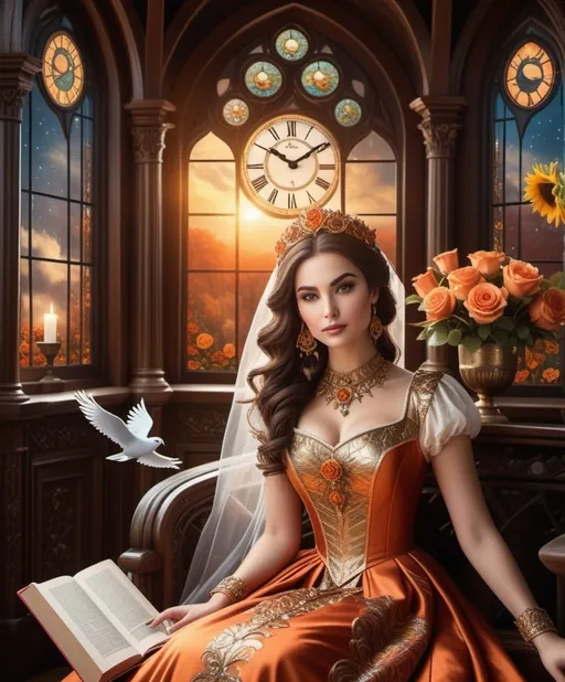 Prompt: Beautiful brunette gorgeous magical Druid priestess with in 1800s library, magical witch library and cottage, fireplace, rose gold dress, upswept hair, reading, books, ancient bookshelves, clocks red gold carpet, fireplace, open stained glass window, magical witch library stars and moon, sunset, sacred curse, sunshine and clouds, blue and rose gold red and orange gown, peacocks, owls and clocks, shooting magic from her hands, clock towers and castles, fireflies and butterflies, sunshine and clouds, orange moon, river of glowing stars, Full body view, sunshine and clouds, roses, lilys, peacocks, sunflowers, vines, ivy, Gold dust, butterflies, and doves, ocean and gold cities, Gold statues, white fountains, skulls and vines and bones, a vintage renaissance oil on canvas, muted and moody. 