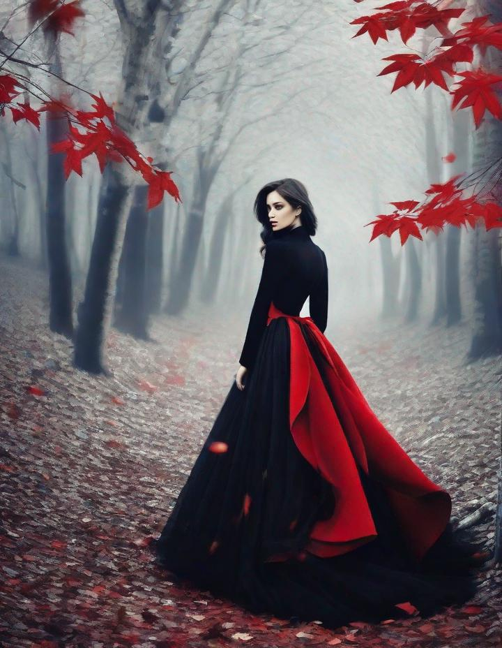 Prompt: A beautiful young lady, beautiful face, wearing black fancying dress in a ghostly forest of white stem trees with red leaves art by  Rebeca Saray, Yves Saint-Laurent, Paolo Roversi, Thomas Edwin Mostyn, Hiro isono, James Wilson Morrice, Axel Scheffler, Gerhard Richter, pol Ledent, Robert Ryman. Guache Impasto and volumetric lighting. Mixed media, elegant, intricate, beautiful, award winning, fantastic view, 4K 3D, high definition, hdr, focused, iridescent watercolor and ink