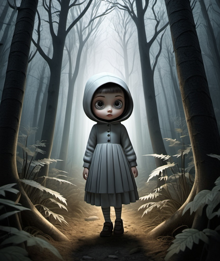 Prompt: a sisyphean girl in a forest with large eyes, in the style of ghostly forms, electric optical illusions, daz3d, eric ravilious, hellish background, haunting figuratism, trapped emotions depicted, chibi style