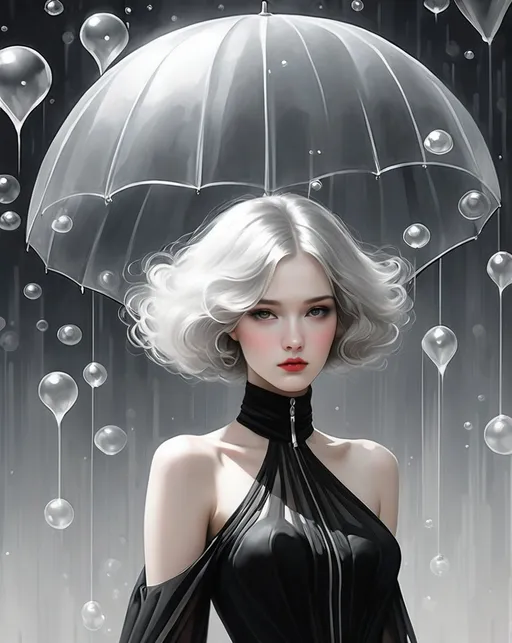 Prompt: an illustration of an umbrella by a woman in a black dress, in the style of neo-pop surrealism, white and gray, emotional portraiture, vienna secession, bubble goth, suspended/hanging, charming characters 
