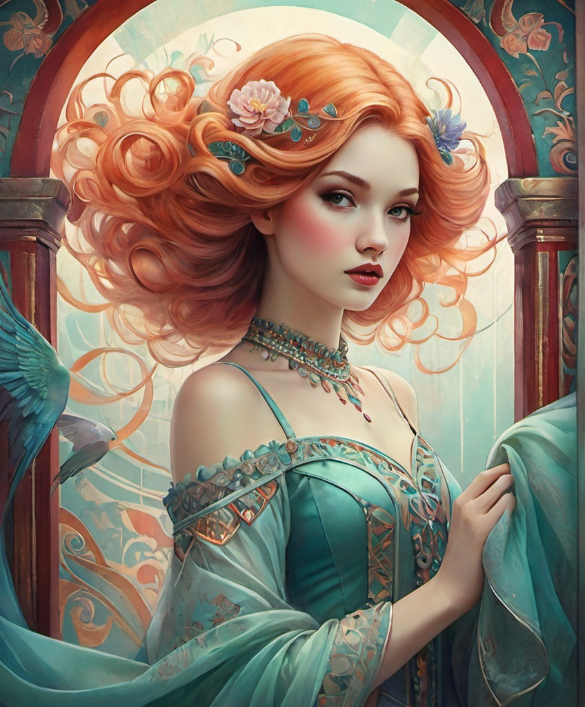 Prompt: The beautiful young lady with blowing hair climbing gate to the circus with giant animals Illustration art by Anna Dittmann, Dorina Costras, Hsiao Ron Cheng, Helene Beland, Jody Bergsma. folk art-inspired illustrations, bold patterned quilts, pastel colours, bloomcore, mixes painting and ceramics, precise, detailed architecture paintings, cute and dreamy. Extremely detailed, intricate, beautiful. 
