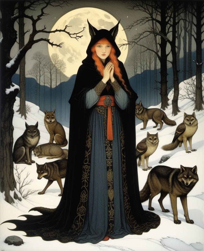 Prompt: Marianne Stokes, Masaaki Sasamoto, Carlos Schwabe, Virginia Frances Sterrett, Gustav Dore, Albrecht Durer: On a winter's night, a beautiful girl sorcerer goes out to the wilderness to commune with the spirits of death and decay, bats, horned owls, wolves and ghosts, Mysterious