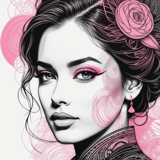 Prompt: Sketch intricate Ink lines CAD drawing of A beautiful woman face, closeup, Hans Erni, Petros Afshar, Lisa Congdon, Lucienne Day print style, modern european ink painting, intricate lines drawings, decoupage, black, pink and white gradient coloring, a detailed drawing