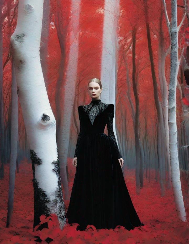 Prompt: A beautiful young lady, beautiful face, wearing opalescent black dress in a ghostly forest of white stem trees with red leaves, god rays through the tees, rim lighting, art by Mariano Vivanco,  Yves Saint-Laurent, Albert Watson, Thomas Edwin Mostyn, Hiro isono, James Wilson Morrice, Axel Scheffler, Gerhard Richter, pol Ledent, Robert Ryman. Guache Impasto and volumetric lighting. 3/4 portrait, Mixed media, elegant, intricate, beautiful, award winning, fantastic view, 4K 3D, high definition, hdr, focused, iridescent watercolor and ink