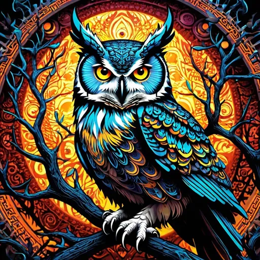 Prompt: the king of horned owls:: psychedelic machinery, 3d psychedelic machinery