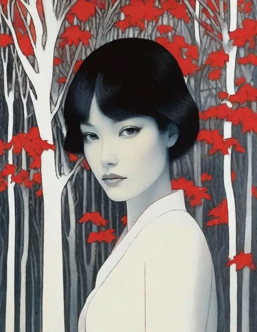 Prompt: A beautiful young lady, beautiful face, wearing black/silver dress in a ghostly forest of white stem trees with red leaves art by  Masaaki Sasamoto, Yves Saint-Laurent, Paolo Roversi, Thomas Edwin Mostyn, Hiro isono, James Wilson Morrice, Axel Scheffler, Gerhard Richter, pol Ledent, Robert Ryman. Guache Impasto and volumetric lighting. Mixed media, elegant, intricate, beautiful, award winning, fantastic view, 4K 3D, high definition, hdr, focused, iridescent watercolor and ink
