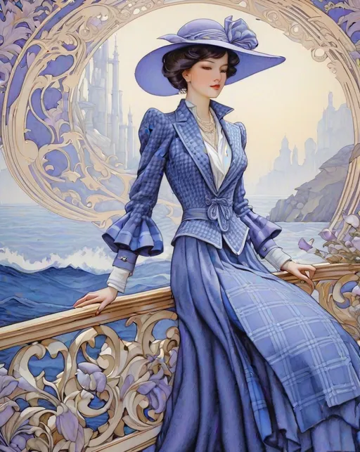 Prompt:  sartorial sea princess, elegant, romanza, fine detail, houndstooth, checks, wooly, lavender, ultramarine, titanium, james jean, alphonse mucha, milo manara