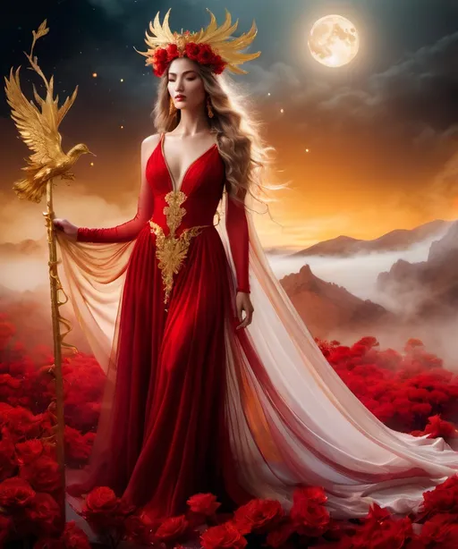 Prompt: photographic, etheral, mist, fantasy gilded goddess in long flowing billowing sheer red gown on sacrificial alter under golden moonlight, chaos, plume, billowy, mist, gold leaf florals, hyperrealistic