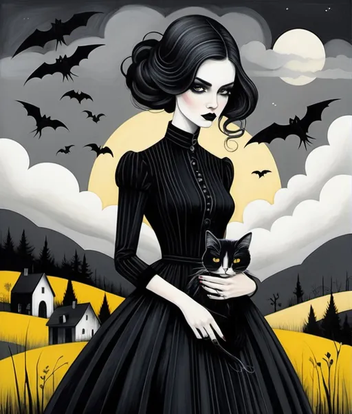 Prompt: Illustration art by Sara Riches, Jessica Galbreth, Ruben Ireland, Paolo Uccello, Ghostly beautiful eccentric girl, rockabilly fashion hair style, wearing a strange asymmetrical black dress with white random stitches, holding a creepy cute yellow stripes cat, a encaustic gothic dreamy landscape background, Stormy grey sky by Michael Humphries, piercing odd colored eyes