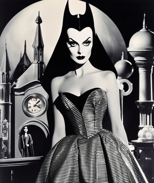Prompt: intriguing medieval grunge fantasy, Vampira in Plan 9 from Outer Space in fornasetti style, by laurie simmons