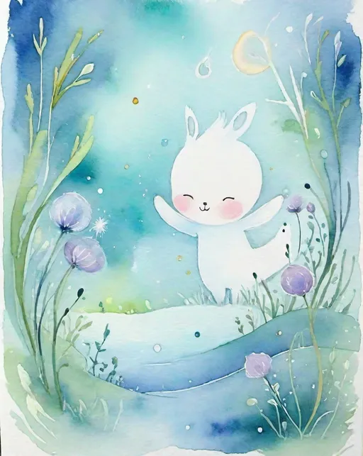 Prompt: will-o'-the-wisp nursery art babycore watercolor and pastel soft soothing gentle