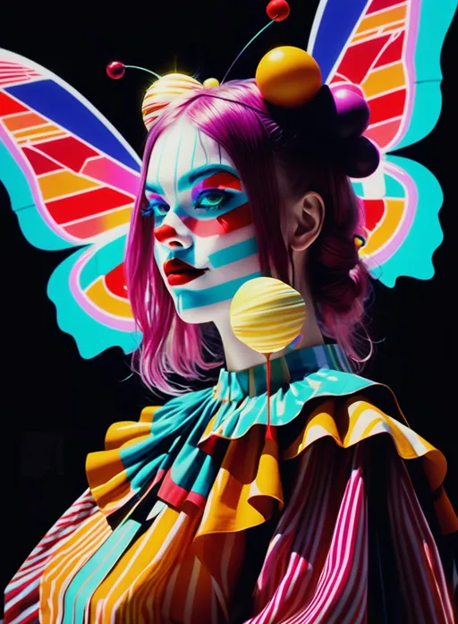 Prompt: glitched clown girl, Constructivist Glitch Art, vivid, lucid, ethereal:: butterfly as butter