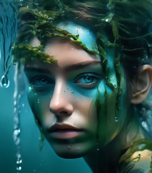 Prompt: painting over her face with water and seaweed, in the style of futuristic elements, water drops, photorealistic detail, national geographic photo, christophe vacher, green and blue, uhd image 