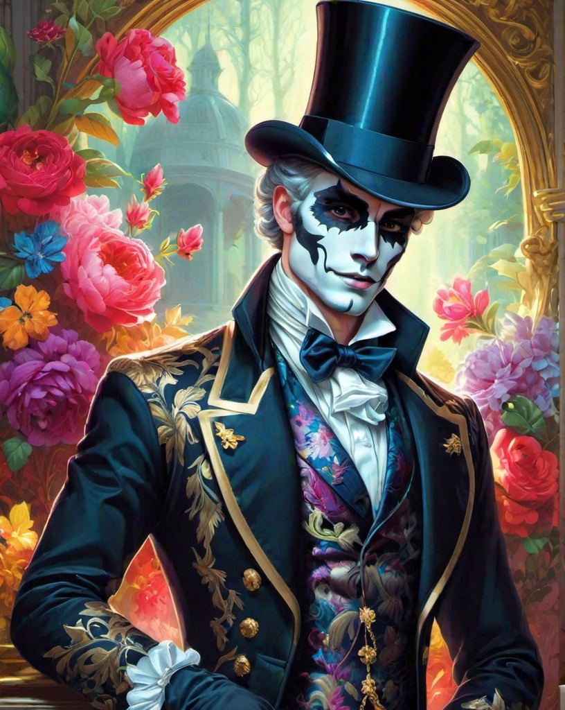 Prompt: foliate sartorial macabre, dapper rococo:: joel robinson:: artgerm, lisa frank, peter paul rubens, Alexandre Charles Guillemot