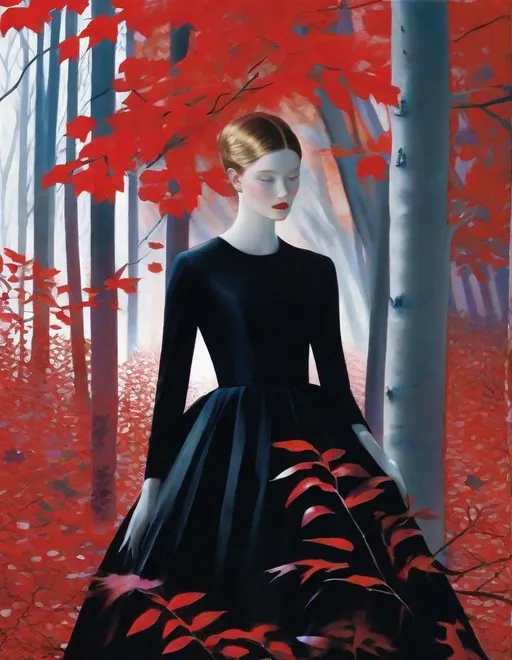 Prompt: A beautiful young lady, beautiful face, wearing opalescent black dress in a ghostly forest of white stem trees with red leaves, god rays through the tees, rim lighting, art by Laurie Simmons,  Yves Saint-Laurent, Paolo Roversi, Thomas Edwin Mostyn, Hiro isono, James Wilson Morrice, Axel Scheffler, Gerhard Richter, pol Ledent, Robert Ryman. Guache Impasto and volumetric lighting. 3/4 portrait, Mixed media, elegant, intricate, beautiful, award winning, fantastic view, 4K 3D, high definition, hdr, focused, iridescent watercolor and ink