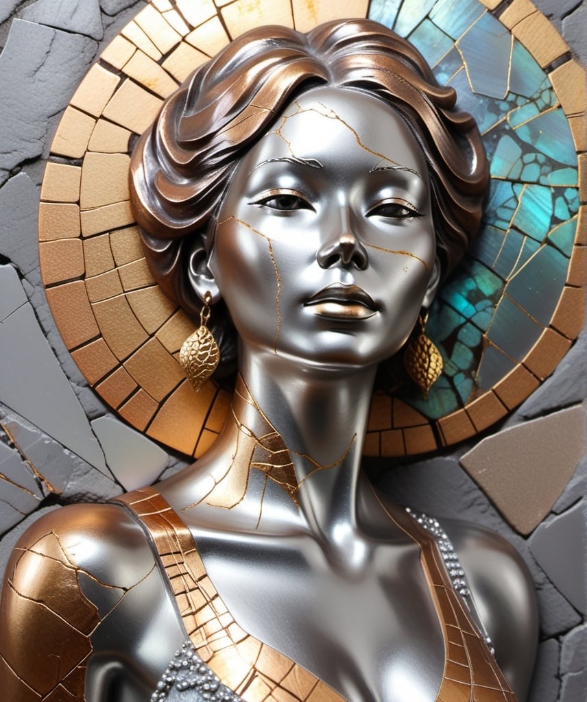 Prompt: a highly detailed abstract woman in silver rose patina metal with beautiful Pearlescent colors, elements of kintsugi, the background is opalescent stone textured and there's a small  glow on top of it, there are some peeling texture in metal that have been filled with acrylic paint, the bottom half has golden streaks of light shining through from behind