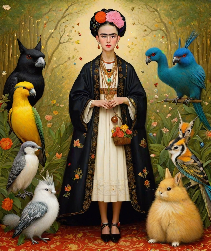 Prompt: Ori Gherst, Animorphia - Kerby Rosanes, sartorial,  by Gustav Klimt and Renoir. Frida Kahlo among pokemons 