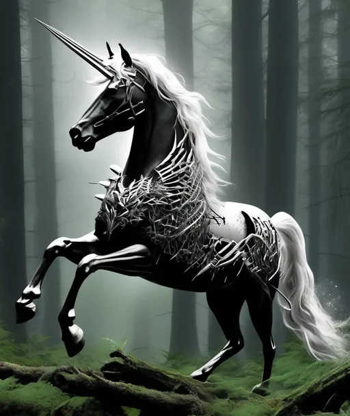 Prompt: unicorn god ate black metal and all my mouth got was cut up by razorblades, carboniferous forest --style magical realism 