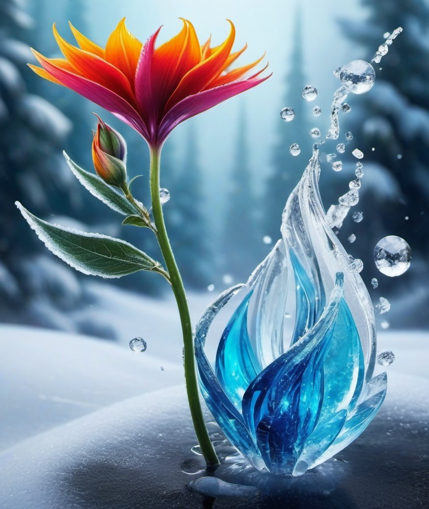 Prompt: hot vs cold, a enchanted flower with a fire stem and ice petals 