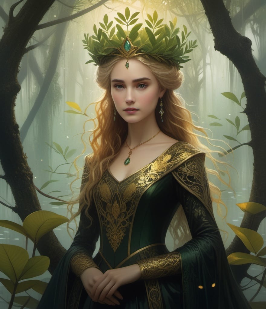 Prompt: a princess with mangrove crown, rt by Anastazja Markowicz, Yoann Lossel, Iren Horrors, Peter Lippmann, Abigail Larson, Henri Fantin-Latour