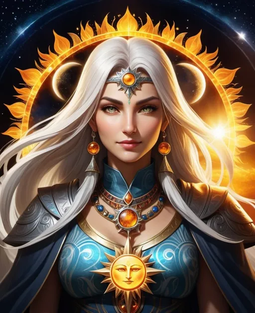 Prompt: a female magus that controls the sun and moon, epic portrait, balanced composition, hyper-detailed, light and dark, sun and moon 