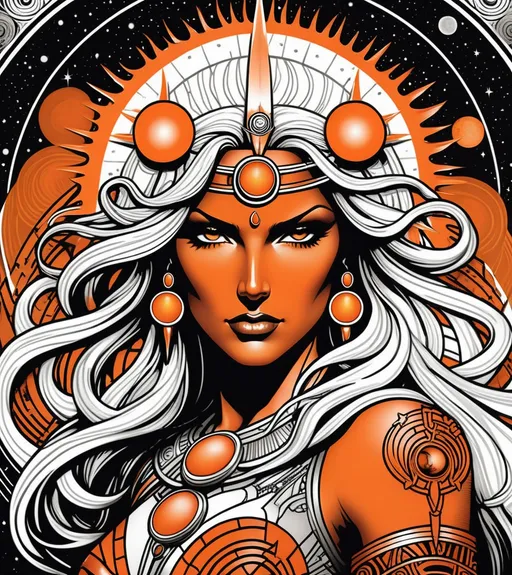 Prompt: metallichead's art print of the heliocentric sun face goddess of destruction, in the style of becky cloonan, in the style of samson pollem, in the style of john buscema, comic art, dark white and light orange, grotesque beauty, gritty horror comics, womancore, nightmarish imagery, in the style of detailed character illustrations 