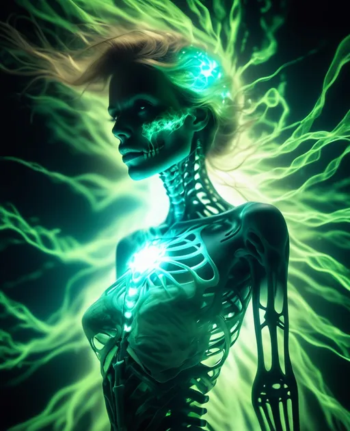 Prompt:  irradiated woman, glowing from within as energy passes through her, at the moment of her disintegration, radioactive molecules coming apart, time-lapse motion blur, skeleton illuminated from within, translucent skin 