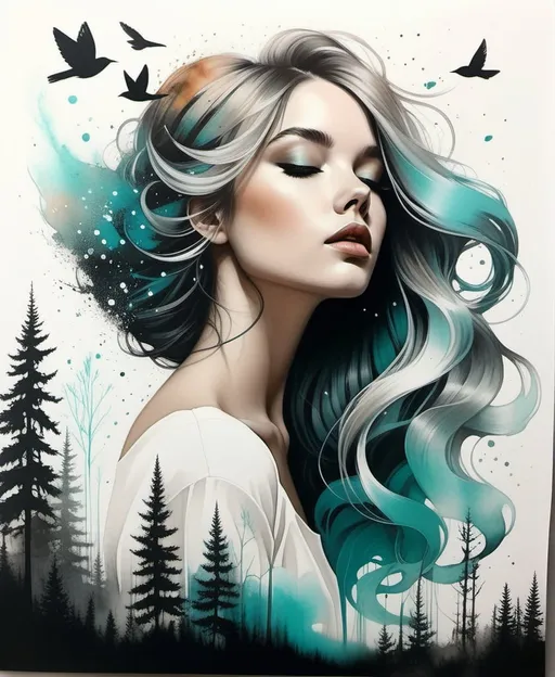 Prompt: The beautiful darling young lady with blowing hair art by Sara Riches, Ruben Ireland, Molly Harrison. Gritty patina texture, gradient luminous inking colors, Dreamy atmosphere, Whimsical forest background, Extremely detailed, intricate, beautiful. 
