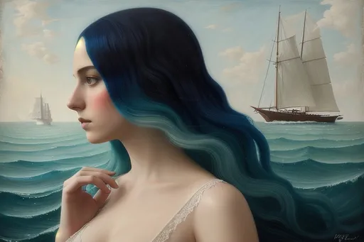 Prompt: In style of christian Schloe and daria Petrilli, a beautiful young lady, profile portrait, her very long and wild  ombre blue hair flows like a sea and there are sailing boats and fishes in it. Double exposure, Naive art, extremely detailed, optical illusion, oil painting 