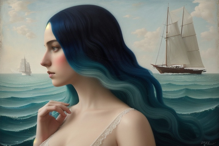 Prompt: In style of christian Schloe and daria Petrilli, a beautiful young lady, profile portrait, her very long and wild  ombre blue hair flows like a sea and there are sailing boats and fishes in it. Double exposure, Naive art, extremely detailed, optical illusion, oil painting 