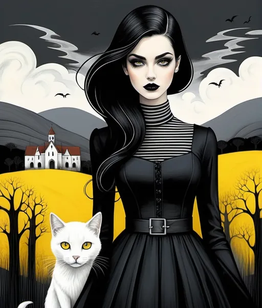 Prompt: Illustration art by Paulo Zerbato, Jessica Galbreth, Ruben Ireland, Ghostly beautiful eccentric girl, rockabilly fashion hair style, wearing a strange asymmetrical black dress with white random stitches, and her creepy cute yellow stripes cat, a encaustic gothic medieval landscape background Stormy grey sky by Paolo Uccello, piercing odd colored eyes